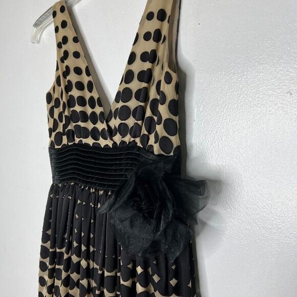 Burlapp Women's Polka Dot Beige and Black V-Neck Dress with Tulle Bow Detail 0 - Picture 2 of 11